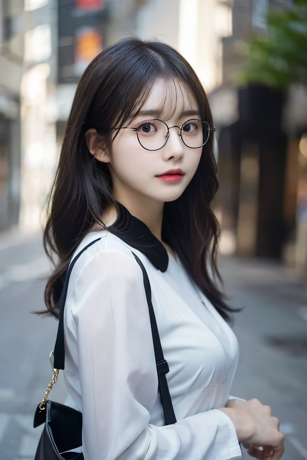 (black suits、white shirt、Black glasses、Shoulder bag)、(top-quality,masterpiece:1.3,超A high resolution,),(ultra-detailliert,Caustics),(Photorealsitic:1.4,RAW shooting,)Ultra-realistic capture,A highly detailed,high-definition16Kfor human skin、 Skin texture is natural、、The skin looks healthy with an even tone、 Use natural light and color,One Woman,japanes,,kawaii,A dark-haired,Middle hair,(depth of fields、chromatic abberation、、Wide range of lighting、Natural Shading、)、(Hair swaying in the wind:1.2)、s Office