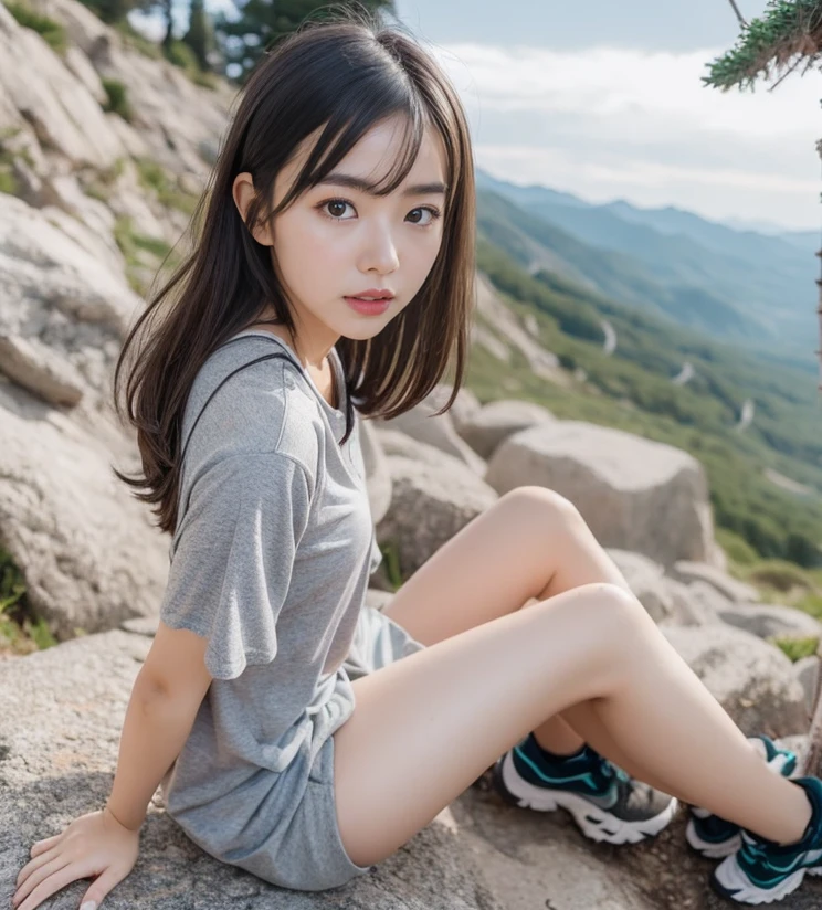 girl hiking in nature standing on top of mountain with incredible views wearing tight clothing