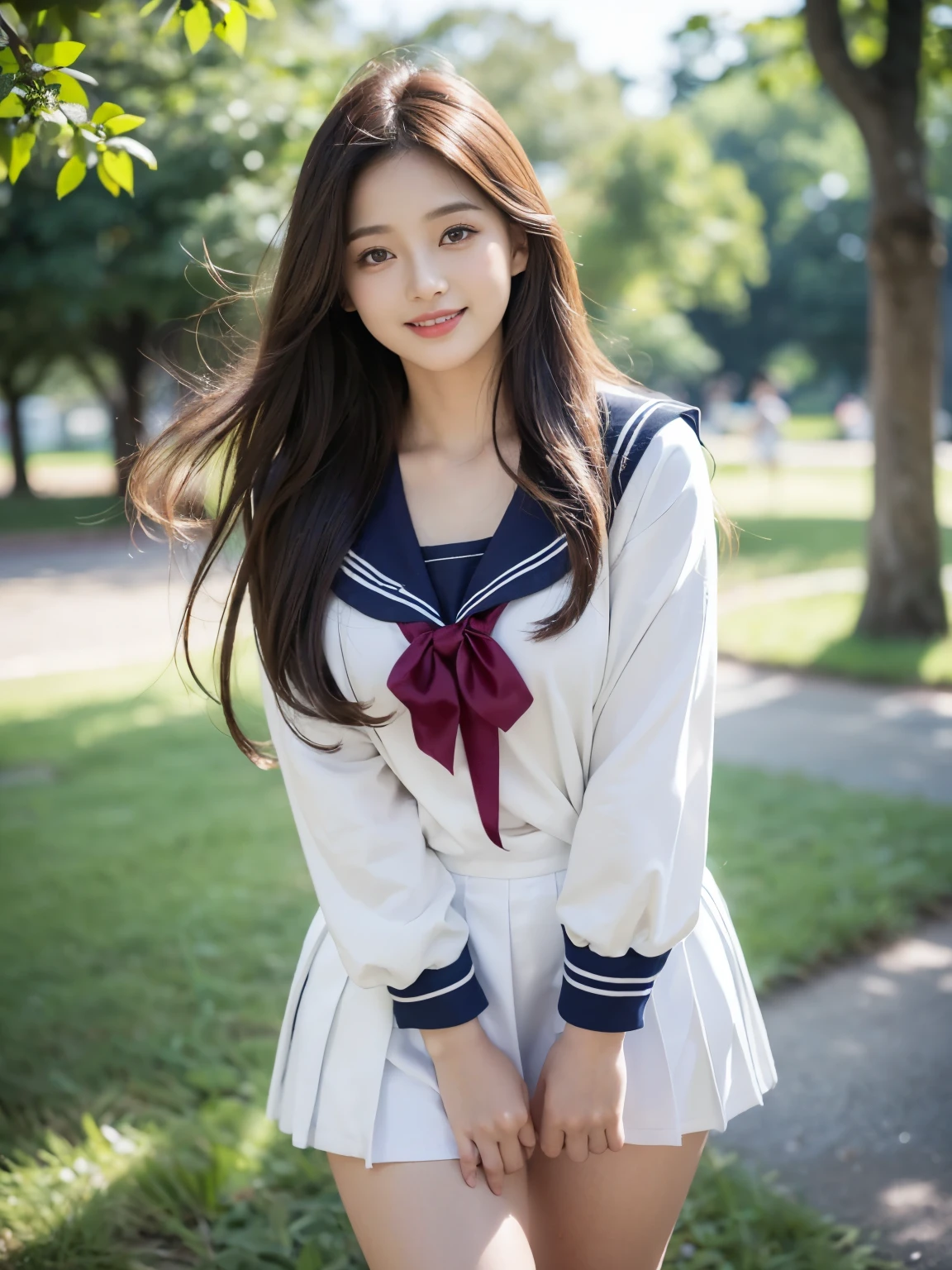 ((((top-quality))))、(((Ultra Precision CG16K Wallpapers)))、(((masterpiece)))、(((ultra-detailliert)))、(((Ultra-extreme details)))、1Man Woman、a matural female、a 25yo woman、((Japanese face))、((extremely beautiful face))、((Kitagawa Keiko:1.5))、((Straight semi-long hair:1.3))、(shinny hair)、Bangs up to the eyebrows、Beautiful brown hair、Beautiful delicate eyes、Brown eyes、raised eyebrows、lofty nose、small nostrils、small mouth、seductive lips、slightly open mouth、Beautiful breasts、C-cup size breasts、cleavage of the breast、Plump body、perfectly proportions、perfect anatomia、perfect-composition、beautiful detailed shading、Beautiful natural lighting、Beautiful detail glow、depth of fields、(((a high chroma)))、(((realisitic:1.9)))、((Vivid:1.4))、((Beautiful skin))、((Skin texture))、((realisiticな皮膚感))、(((Head-to-thigh shot:1.5)))、((Frontal angle:1.5))、((a smile:1.4))、(Eyes looking at me)、Bright sunshine、(((standing in park:1.5)))、(standing pose)、(((High school girl uniform clothes、Sailor suit wearing:1.5)))、