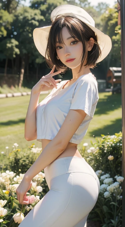 (hyper realisitc), (lamplight), (A high resolution), (8K), (The content is very detailed), (最好的lamplight 美丽的眼睛 最好的品质), (ultra - detailed), (tmasterpiece), (Wallpapers), (Detailed faces), only, (dynamicposes), 1 Sister, White off-the-bshoulder shirt paired with sexy super short yoga pants, bshoulder, blooming flower field, Skin glows, light smile, (sinner),Clear finger contours,without a hat
