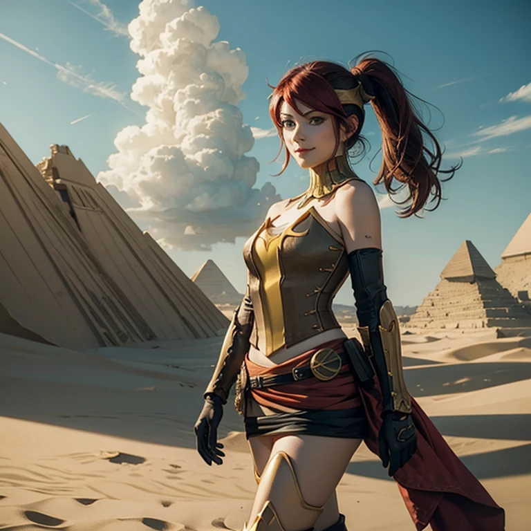 masterpiece, best quality, pyrrha nikos, ponytail, circlet, bustier, large breasts, skirt, elbow gloves, bracers, armored boots, looking at viewer, furrowed brow, smile, sand dunes, pyramids