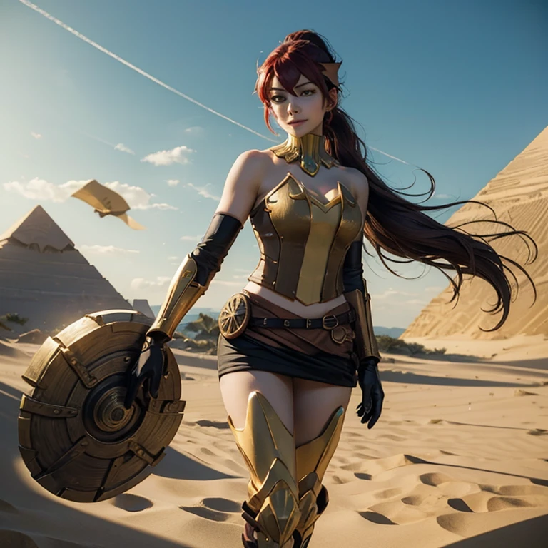 masterpiece, best quality, pyrrha nikos, ponytail, circlet, bustier, large breasts, skirt, elbow gloves, bracers, armored boots, looking at viewer, furrowed brow, smile, sand dunes, pyramids