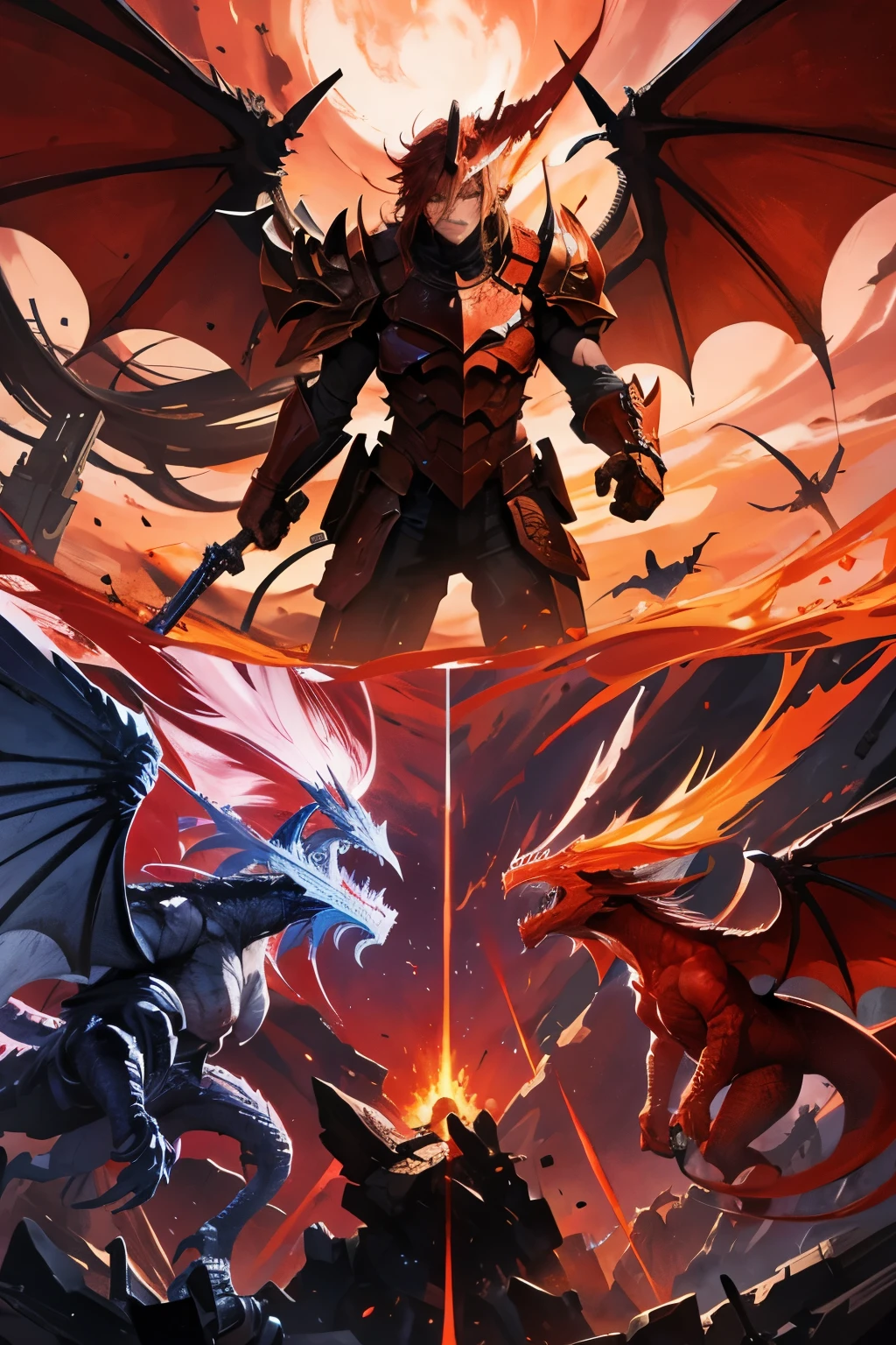 Epic Battle in the Red Skies between Angels and Dragons, good definition