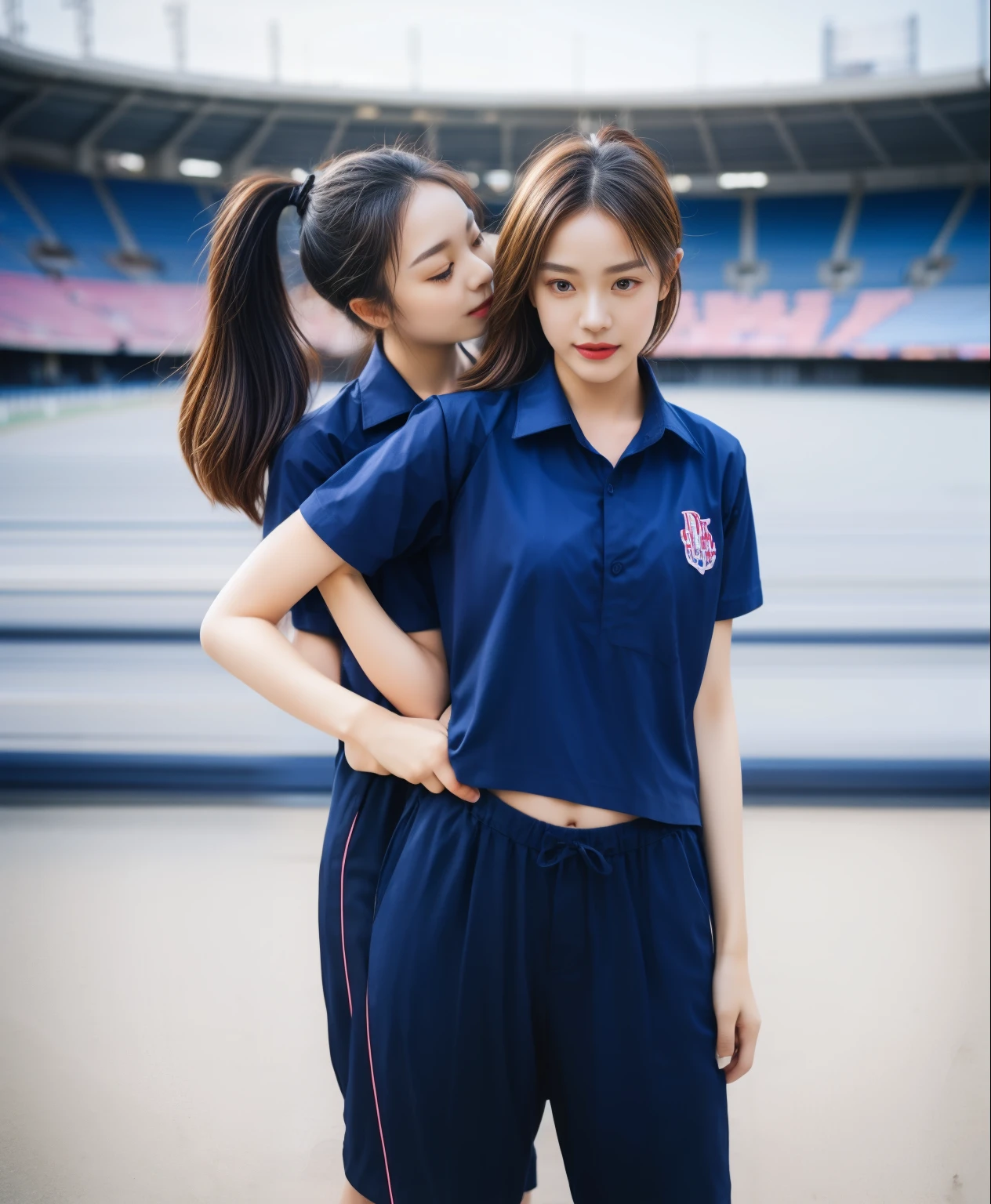 (bestquality,10,10,highres,masterpiece:1.2),ultra-detail,(Realistic,ภาพRealistic,photo-realistic:1.37),1 Cute girl in the football field,oily shiny skin,bara,light smile,BDclothelue shirt:1.3)),short sleeves,shirt, trousers.,(navy_long_ติดตามtrousers:1.1), ((Stadium Background:1.3)),dynamic angle,excited,face focus,Dynamic Poses,from behide,Ass Focus,masterpiece, bestquality, ultra realistic, hyper-detail, 8k resolution, RAW photo, crisp focus, ((Navy blue shirt:1.1)), short sleeves, เส้นทางlong, Complete bodyแบบ, 2 mature women, 18yo, cinematic light,trousersวอร์มสีน้ําเงิน,Gymware,Correct anatomy,Complete body, Correct body, sharp face, Correct bodyทางกายวิภาค, full entire body, Realistic gestures, long-haired, Realistic poses,Wear long shorts...........................................,ช่วงขาlong,Shapely,Sculpting Girl, Slender Figure, mannequin mannequins, Shapely, Beautiful body,trousersวอร์มสีน้ําเงิน, Two girls kissing