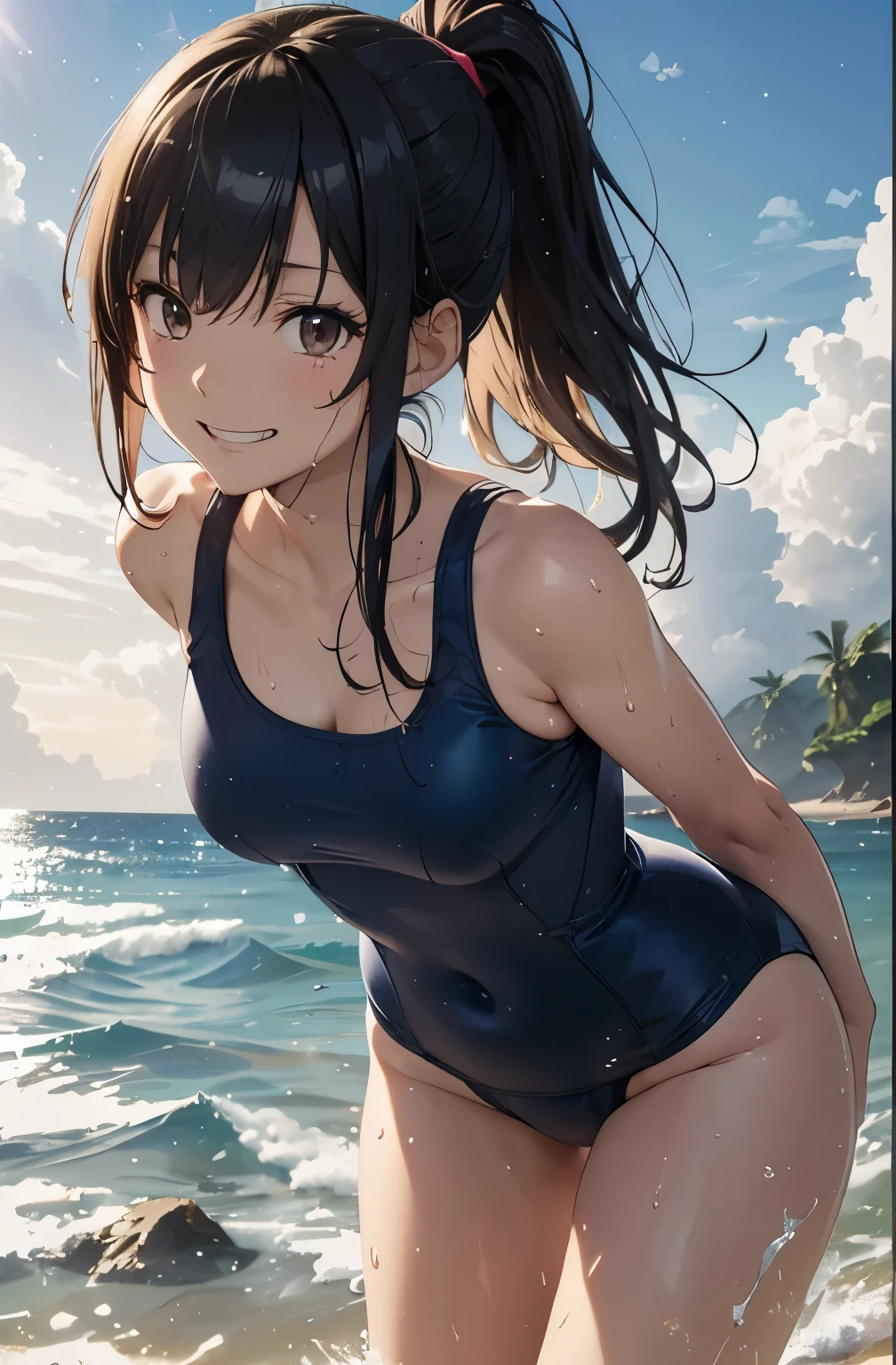 (masutepiece:1.2), (Best Quality:1.1), (hyper detailed illustration)，(beautiful artwork)，(Extreme detail CG Unity)， (8K Wallpaper)、​(exquisite lighting and shadow)、(highly dramatic picture)、(cinematic lens effects)、 Teenager girl standing on the sandy beach，(School swim wear), 1girl, (School Swimsuit:1.3), Solo, onepiece swimsuit, Outdoors, Long hair, Wet, Covered navel, skyporn, Water, Black hair, (Big smile)， Brown eyes, day, Small breasts, Bangs, Sunlight, Through the thighs, Blue one-piece swimsuit，(long hair)，(Wet:1.1)，(Water splash:1.1)，Facing，(straggling hair:1.2)， Ponytail，The swimsuit is wet，(Lens Flare)，(Tsurime)，(From front:1.2)，(Sweat)，(Bokeh:1.2)，(brown eyes)，(leaning forward:1.2)，cowboy shot，(shrugging:1.2)，(evil smile)，(NAVY BLUE school-swimsuit:1.3)，sandy beach，(pigeon toed:1.2)，