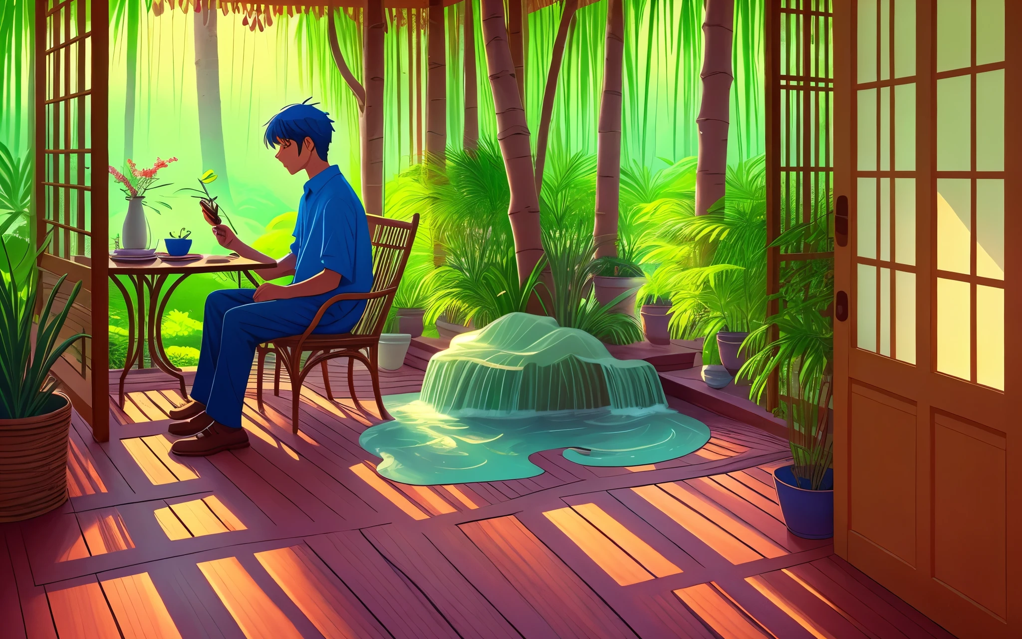 here's a revised description based on your template:

In the tranquility of a midday moment, the gentle light filters through the canopy, casting a soft glow onto a spacious bamboo lounge chair beneath a tree. Reclining upon it, a middle-aged man leisurely puffs on a sophisticated pipe, his expression carrying a hint of melancholy yet tinged with vigilance, as if quietly observing the convenience store across the way.

Simultaneously, at the store's entrance, a young boy endeavors to clandestinely take something. Clad in humble attire, his face reflects a mix of anticipation and resignation, moving cautiously, aiming to remain unnoticed.

This scene is depicted in an anime-inspired style, vibrant in color, characterized by fluid lines and animated energy. It creates a relaxed yet gentle ambiance, evoking the serene laziness of a tranquil afternoon. --auto --s2