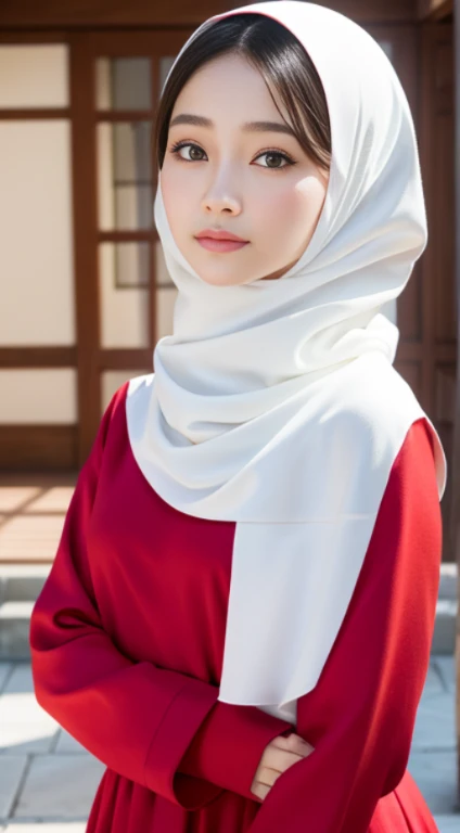 ​masterpiece, top-quality, 8K, absurderes, a beauty girl, kawaii, outdoor,half body, (well dressed:1.5), wearing red pasmina hijab, hijab, accessories,nice body, No makeup, bukkake, Near and far law, depth of fields, A hyper-realistic, hight resolution, a picture, foco nítido, nffsw, face lights, 动态照明, Highest detail, Extreme details、ultra-detailliert、detaile、authentic skin、delicated facial features、Easy Negative, red dress motif flower