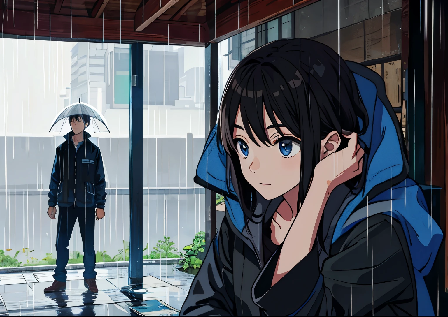 boy and girl, taking shelter on a rainy day