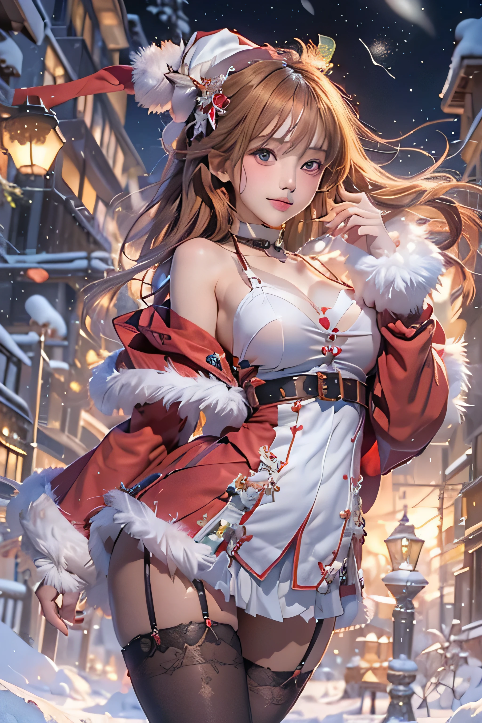 (top-quality,8K picture quality,​masterpiece:1.3,hight resolution,masutepiece:1.2), (Back alley),snowscape,Snow mage wearing white Santa suit,Looking at the camera,(ssmile:1.2), ((crazy magic)), (Very beautiful fantasy background),(Put your left hand on your hip,Point the camera with your right hand), Suzumiya Haruhi,Soryu Asuka Langley,(Red Santa Hats,Super mini skirt with slit,Stockings,a choker,long boots:1.2), Bondage Fashion,sexy panty,I can see my panties,(shoulder-length hair),portraitures, Vivid colors, Intense lighting, brushstrokes, Ethereal Atmosphere, charmed, charmedされる景色, fascinated expression, Mystical, Intricate details, (Bold pose with open legs,dynamicposes:1.4),captivating moment, Flickering snow, crystalline ,Icicles,A WORLD, magic elements, ethereal glow, Transcendent, Harmonic color palette,Erotic art. Art Book. Art Book. Fantasy Art, (Young gravure idols, Young skinny gravure idol, sophisticated gravure idol),(detailed flawless face),normal hands,Normal finger,Normal legs