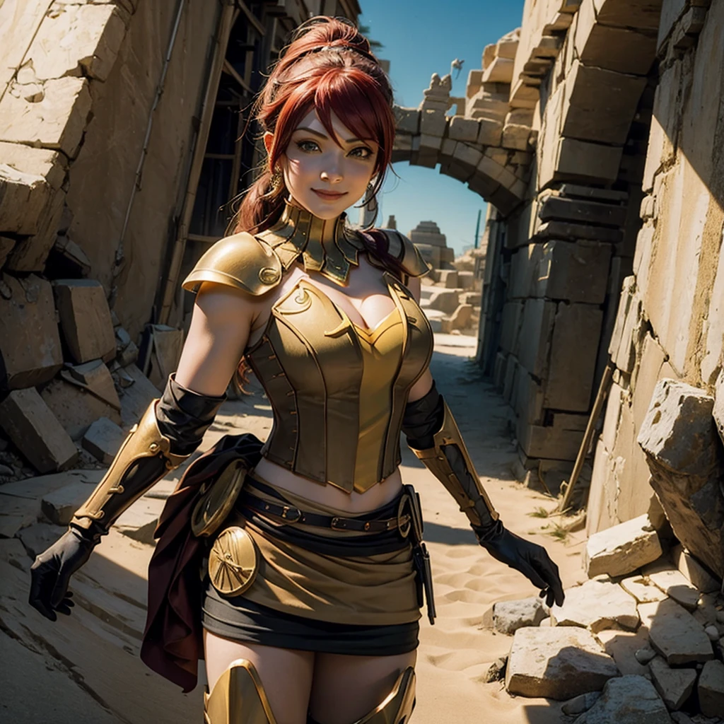 masterpiece, best quality, pyrrha nikos, ponytail, circlet, bustier, large breasts, skirt, elbow gloves, bracers, armored boots, looking at viewer, furrowed brow, smile, sand dunes, pyramids