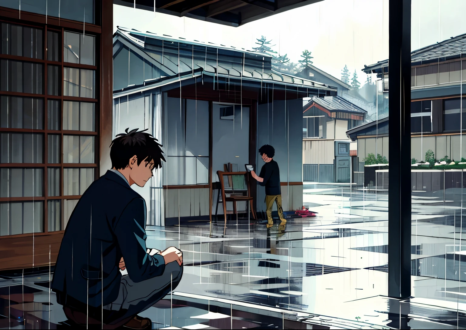 boy and girl, taking shelter on a rainy day