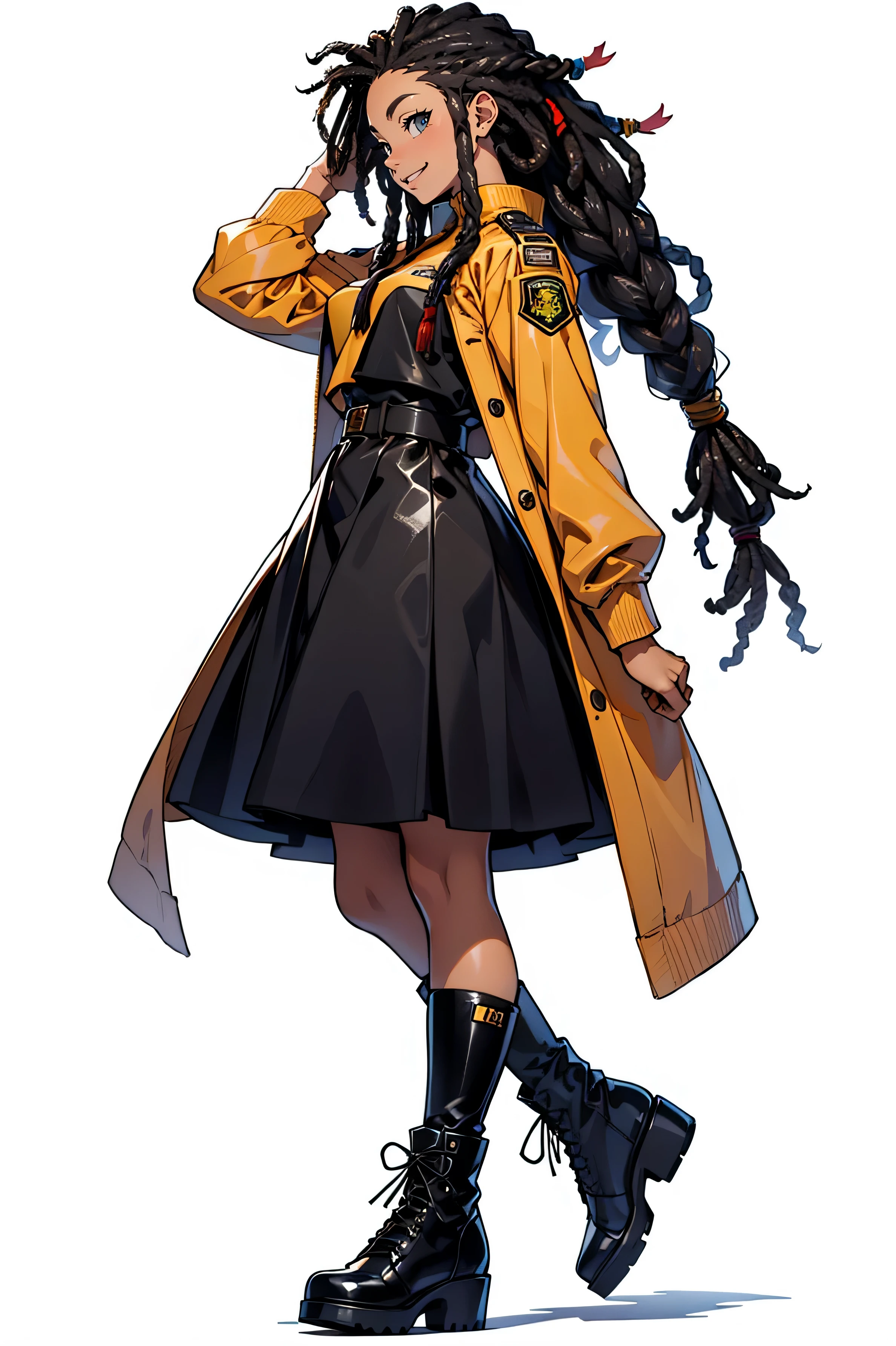to stand,((The upper part of the body)),top-quality、masterpiece、Hi-Res、(((1人)))、masutepiece, quality of hike,((White background))、(beautiful black african american girl), ((long dreadlocks rasta hair))),animesque,2D,black leather dress,Military Uniform Style,long boots eyes,profile、A smile、Mouth open