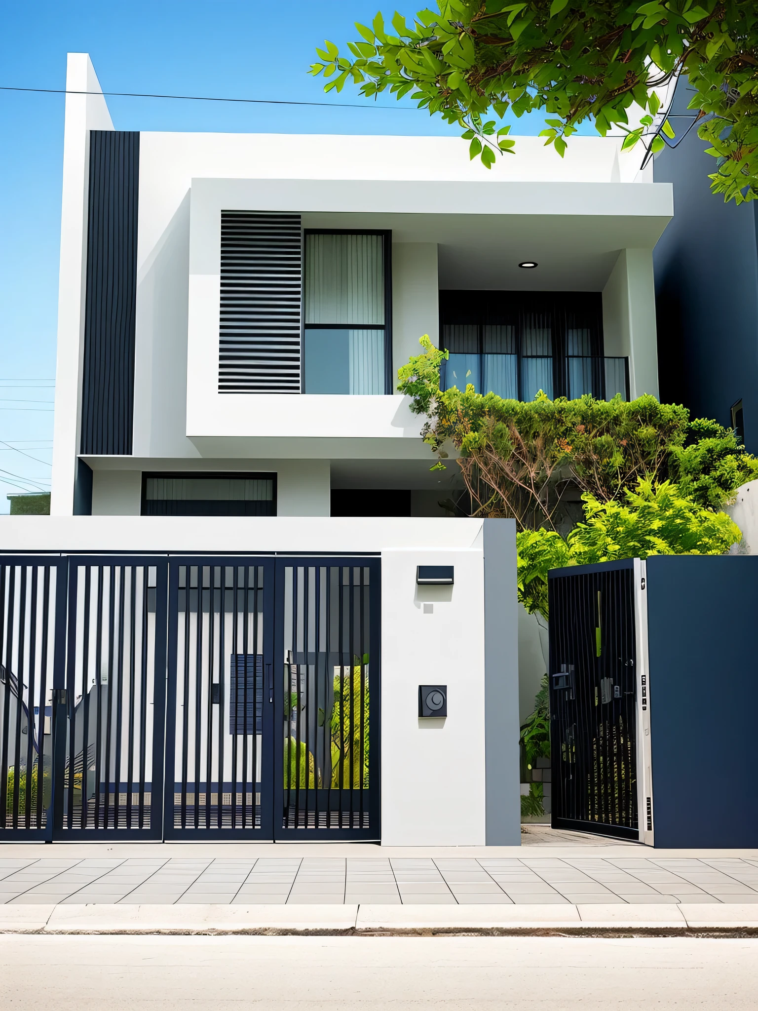 a view of a modern house with a gate and a balcony, residential, frontview, complete house, house, inter dimensional villa, outside view, exterior view, front side, facing front, front view, in house, passive house, modern house, front-view, front facing, villa, modern minimalist, house, contemporary house, modern minimalist f 2 0
