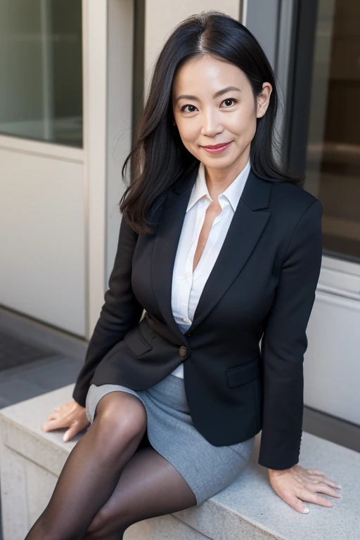 masutepiece, Best Quality, Photorealsitic, 4K, 日本人A MILF, (Solo), (((50 years old))), (Wrinkles at the corners of the eyes:1.5), (nasolabial folds:1.5), ((Large breasts)), (Saggy udder), A MILF, glamor, A sexy, Chromo-white skin, Mole on the mouth, Wavy long black hair, Looking at Viewer, (((my skin is old))), ((muscles are old)), Super large udder, Gray business suit, Black undershirt, Black pantyhose, miniature skirt, high-heels, ssmile, Public places, sitted, opening legs