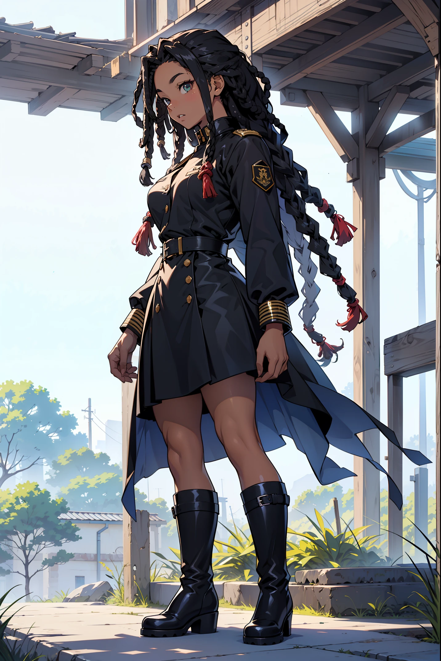 to stand,((The upper part of the body)),top-quality、masterpiece、Hi-Res、(((女の子1人)))、masutepiece, quality of hike,White background、(beautiful black african american girl), ((long dreadlocks rasta hair))),animesque,2D,black leather dress,Military Uniform Style,long boots eyes,profile