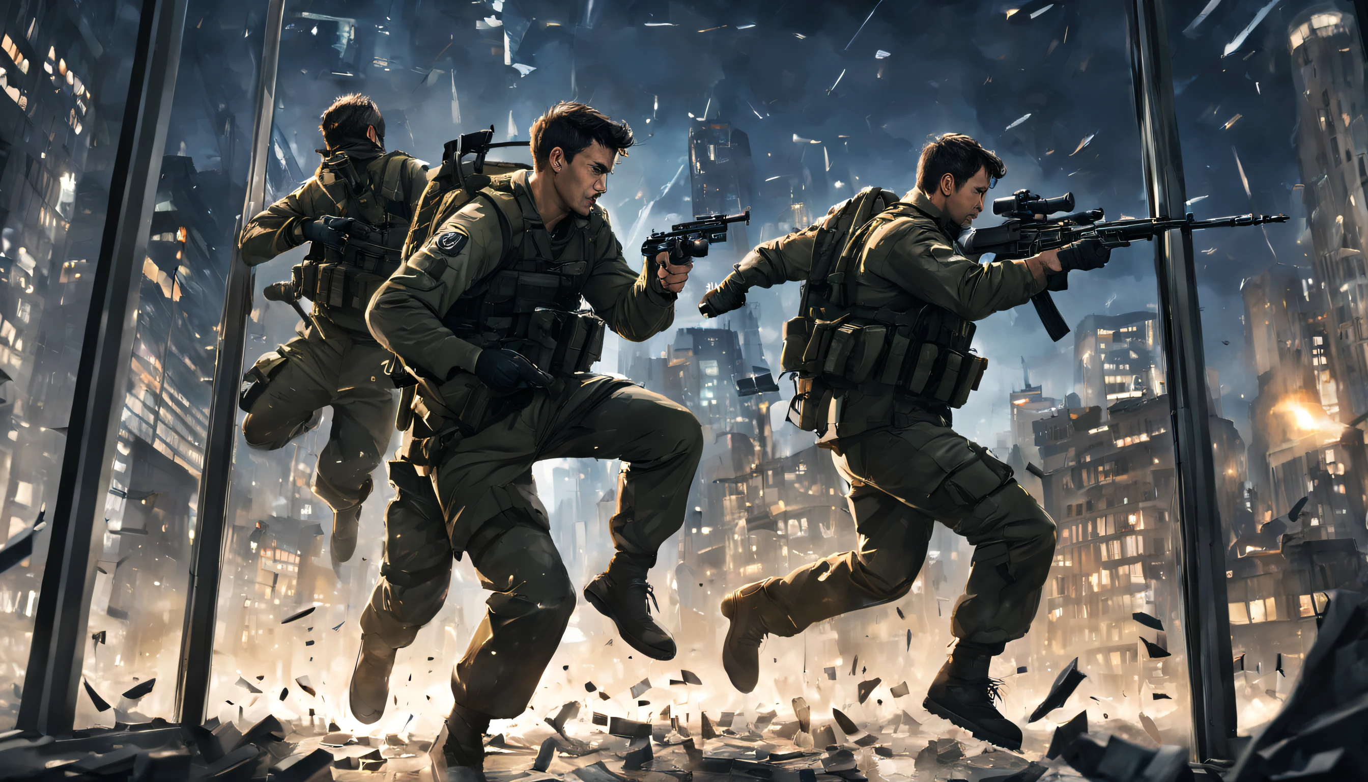 2 men with military gear and guns, jump through a glass window breaking it to pieces, a night city in the background