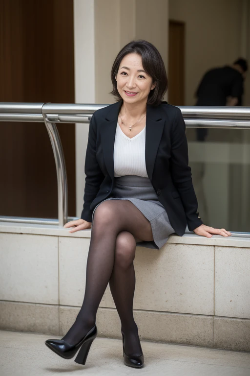 masutepiece, Best Quality, Photorealsitic, 4K, 日本人A MILF, (Solo), (((50 years old))), (Wrinkles at the corners of the eyes:1.5), (nasolabial folds:1.5), ((Large breasts)), (Saggy udder), A MILF, glamor, A sexy, Chromo-white skin, Mole on the mouth, Wavy long black hair, Looking at Viewer, (((my skin is old))), ((muscles are old)), Super large udder, Gray business suit, Black undershirt, Black pantyhose, miniature skirt, high-heels, ssmile, Public places, sitted, opening legs