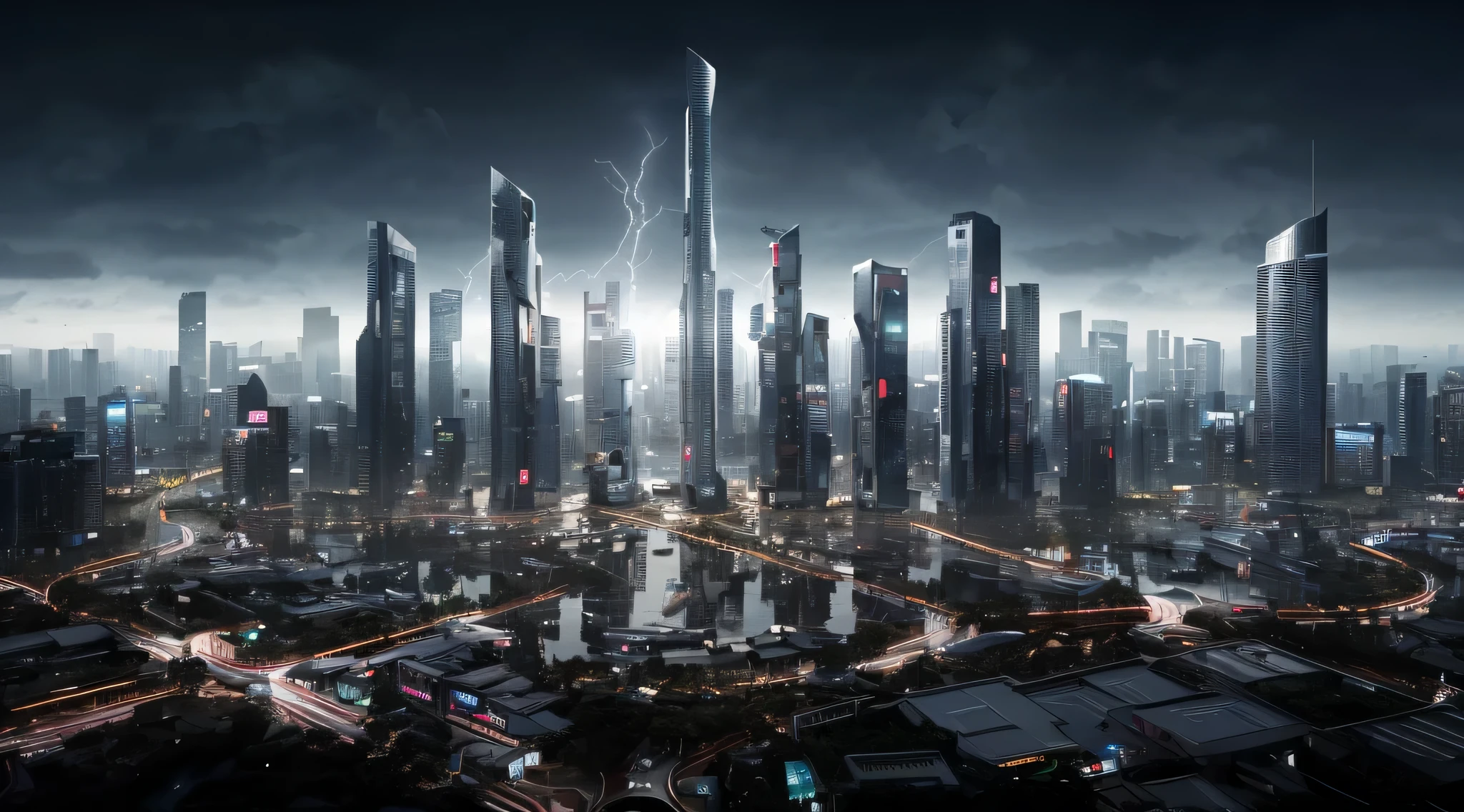 ((masterpiece, best quality)), 8k, modern architecture style, photo realistic, hyper detailed photo, clean sky, ruined city, cyberpunk,rain