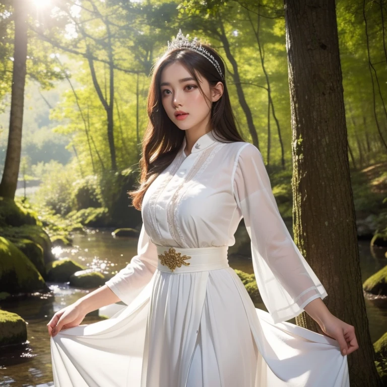 a beauty girl 18yo white skin wear traditional europe long white dress clothes, intricate design, Turning around and skirt flowing, daylight in deep forest, birds flying, high detailed, 8k, realistic photograph