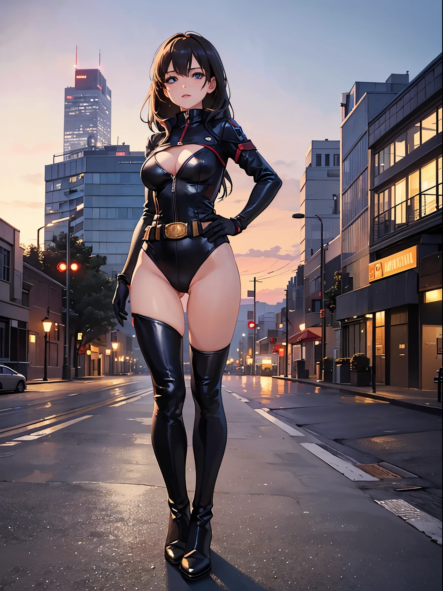 1girl, medium breasts, leotard, bare legs, tight belt, boots, gloves, city backdrop, solo, single, hands on hip, standing, full body shot, cowboy shot, superhero, beautiful detailed eyes, power, mature lady
