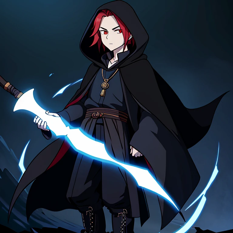 Guy 26 years old, slightly above average height, pale skin, red pupils, mid length hair, wavy blue, cylinder on head, dressed in a long black cloak, white shirt with cuffs at the neck, Around the neck is an amulet, black pants, wearing high boots with thick soles, A cane in his hands