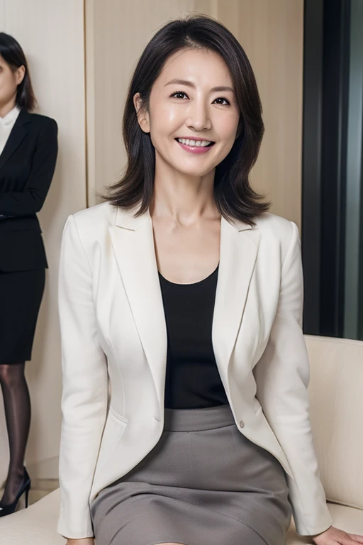 masutepiece, Best Quality, Photorealsitic, 4K, 日本人A MILF, (Solo), (((50 years old))), (Wrinkles at the corners of the eyes:1.5), (nasolabial folds:1.5), ((Large breasts)), (Saggy udder), A MILF, glamor, A sexy, Chromo-white skin, Mole on the mouth, Wavy long black hair, Looking at Viewer, (((my skin is old))), ((muscles are old)), Super large udder, Gray business suit, Black undershirt, Black pantyhose, miniature skirt, high-heels, ssmile, Public places, sitted, opening legs