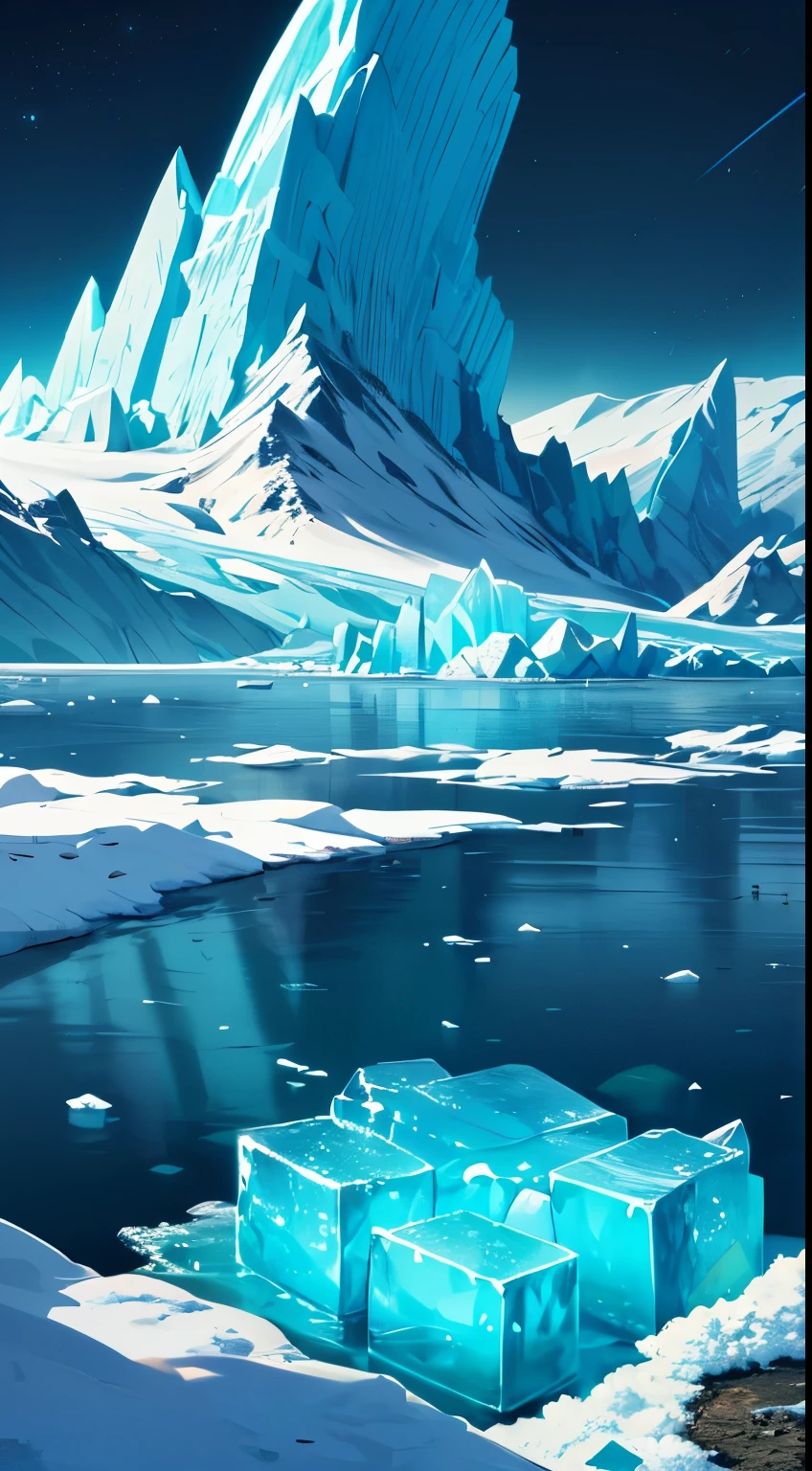 There are a lot of debris floating on the water, icy tundra background, Monte, puddles of turquoise water, icy glaciers, cold blue colors, and glaciers, surrounding cubes, inspired by Filip Hodas, Icy landscape, scintillation particles , surreal frozen landscape, On the calm waters of Iceland, background bar