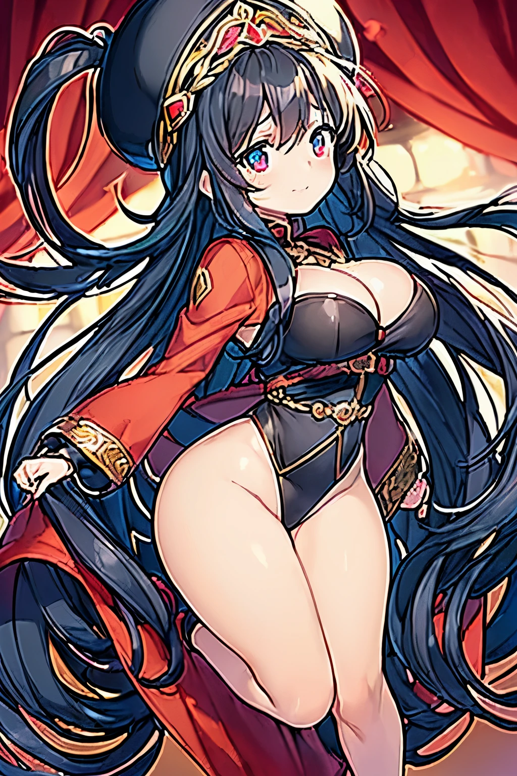 an extremely cute young girl, ((childlike)), (black and red Manchurian clothes), big breasts, light smile, strongest character, (worried:1.5), standing, ((black Manchurian warm hat)), black hair, long hair, (blue eyes), glamorous, ((masterpiece, best quality, super fine illustration, 4K, beautiful eyes, full body))