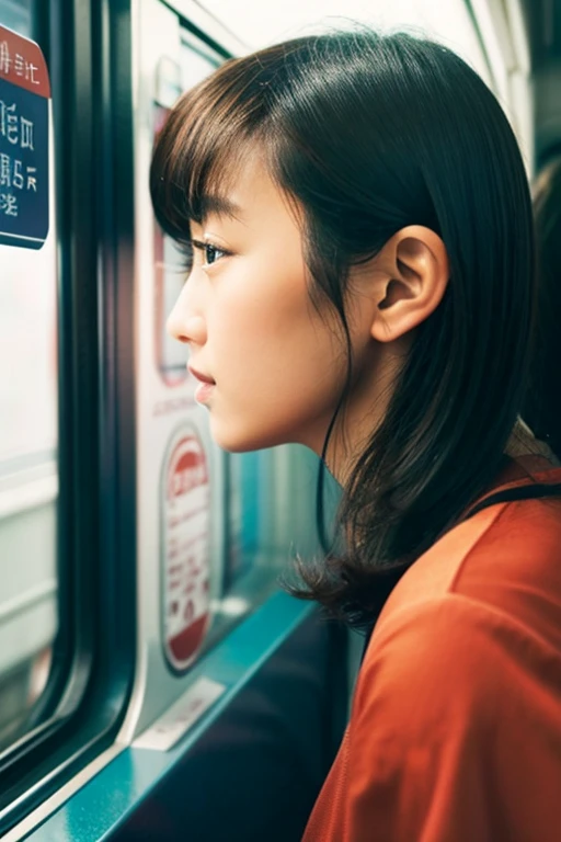 （hight resolution）,A Japanese Lady,Angle from the side,On the train,