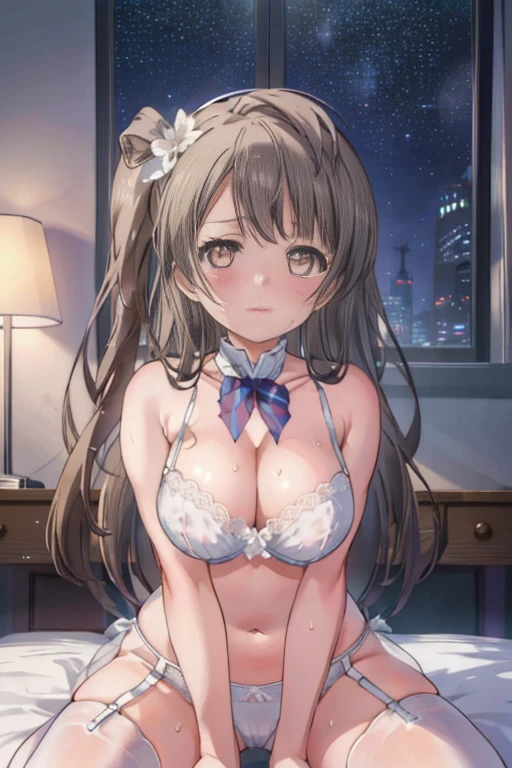 (((pixel perfect, Detail Perfect))), Solo, 1girl in, Starry sky too, Looking at Viewer, Sweat, Heart-shaped pupil, cum on, nedium breasts,
blush,
view the viewer, From below, Focus, Beyond the particles of light, Love hotel bedroom, White bra,White garter belt,White underwear,White tights,huge tit,Straddling,straddle