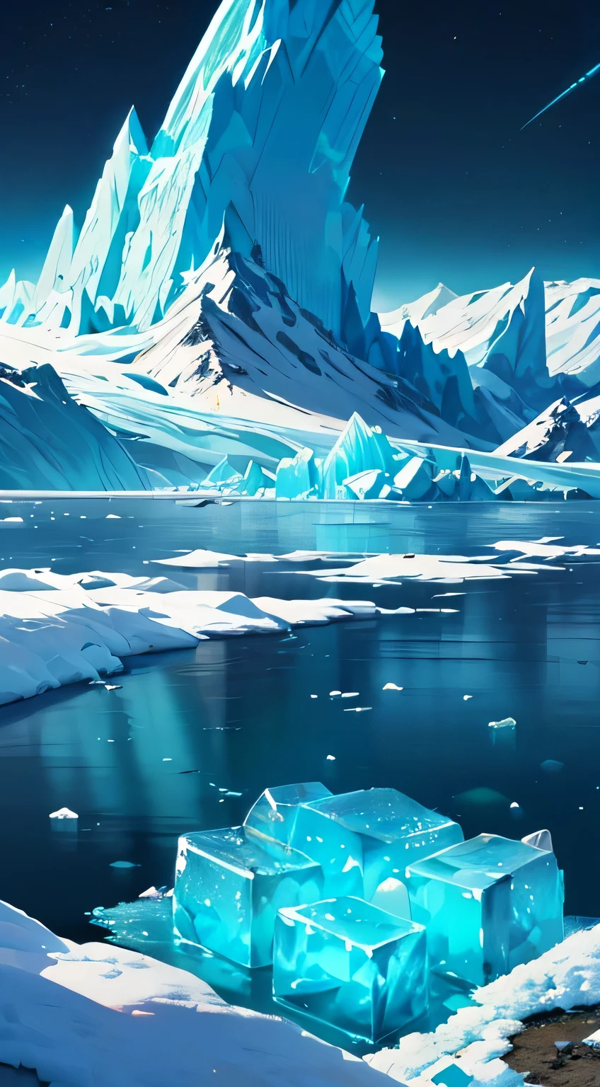 Top perspective,There are a lot of debris floating on the water, icy tundra background, Monte, puddles of turquoise water, icy glaciers, cold blue colors, and glaciers, surrounding cubes, inspired by Filip Hodas, Icy landscape, scintillation particles , surreal frozen landscape, On the calm waters of Iceland, background bar