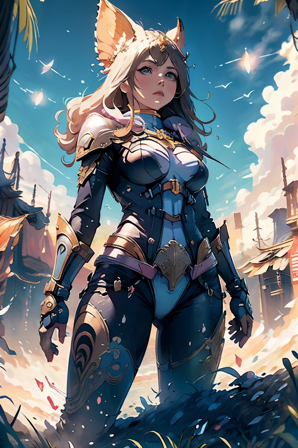 There is a woman standing in front of a huge, Inspired by Ken Kelly, epic album cover, Imogen Poots as Paladin, Vibrant Colors by Ralph Horsley, powerful wasteland princess, Skynet, Intricate biopunk patterns, warrior queen, Krul