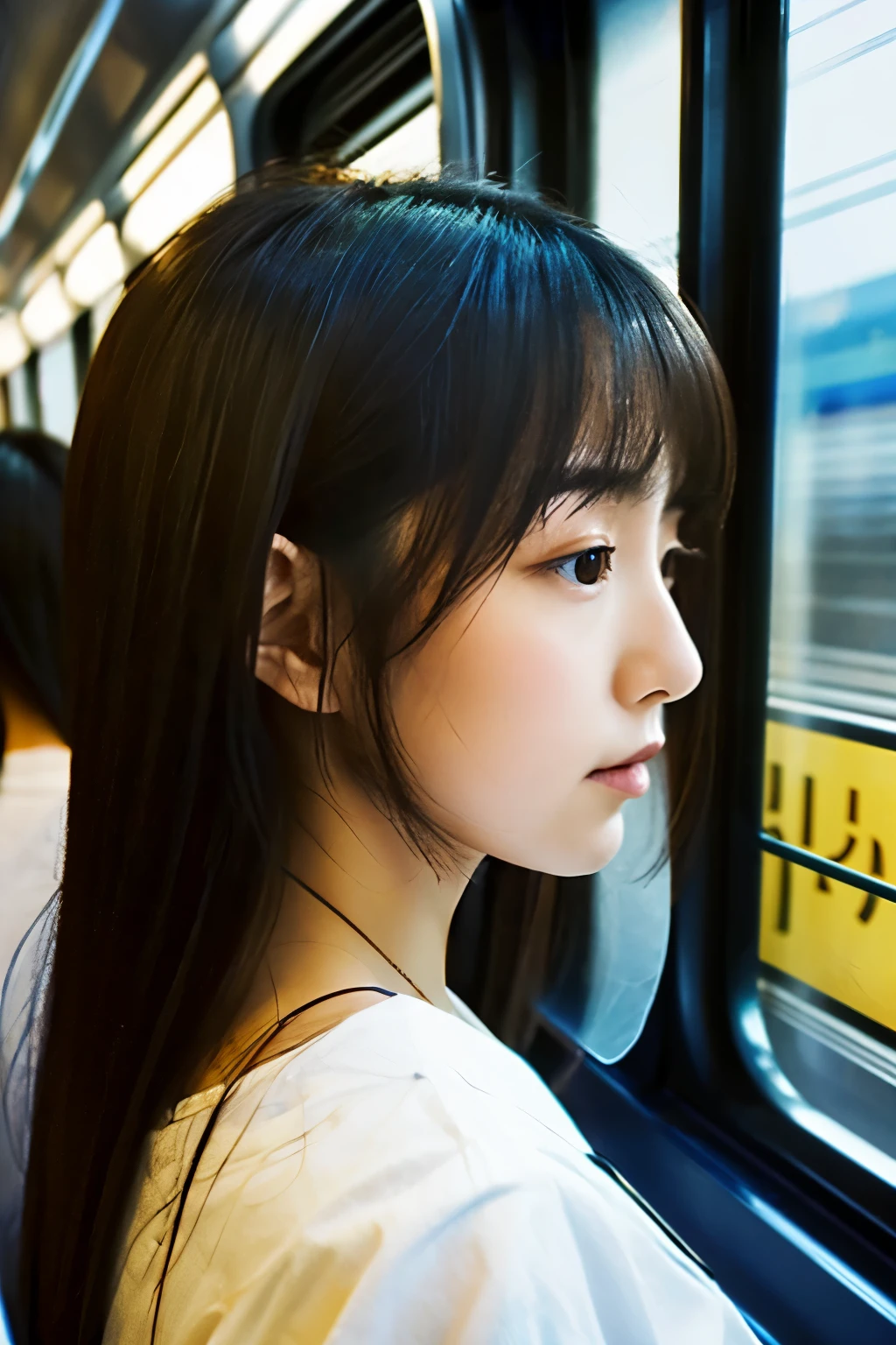 (hight resolution),A Japanese Lady,Angle from the side,On the train,