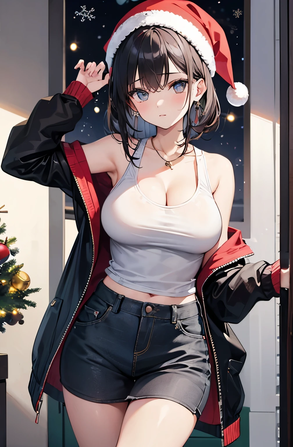 1girl, tank top, cleavage, christmas outfit,, cool