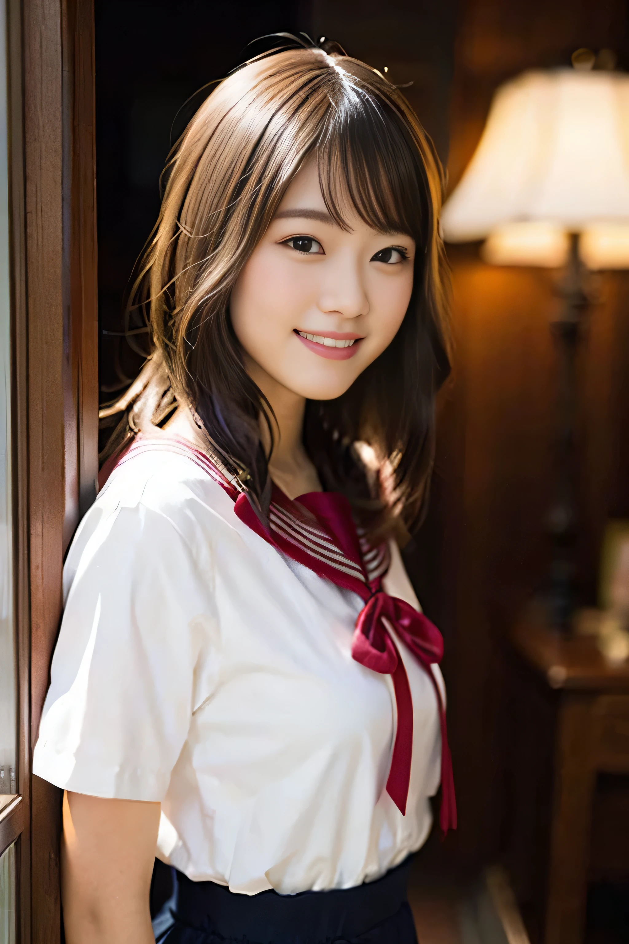 (8K、Raw photography、top-quality、masterpiece:1.2)、(realisitic、Photorealsitic:1.37)、ultra-detailliert、超A high resolution、1人、see the beholder、beautifull detailed face、A smile、Constriction、(Slim waist) :1.3)、Beautiful detailed skin、Skin Texture、Floating hair、Professional Lighting、Whole human body、Longhaire、a blond、japanese hight school uniform、a sailor suit、Bob Hair、E-cup、Happy smile、sixteen years old、Red ribbons、a baby face、Childish smile、Suppin、Moisturizing lips、Thin pink lips、Japan houses、traditional Japanese room、flower arrangement