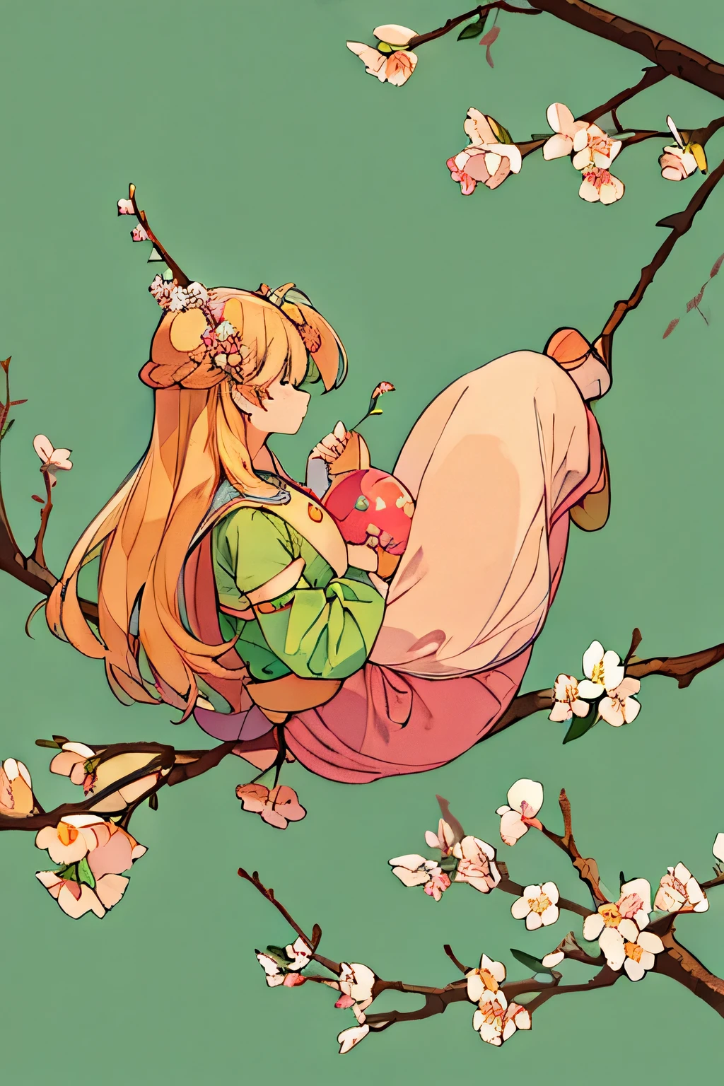 Illustration about the beginning of spring,peach blossom,Green background,Golondrinas,cute big breasts,Willow branches