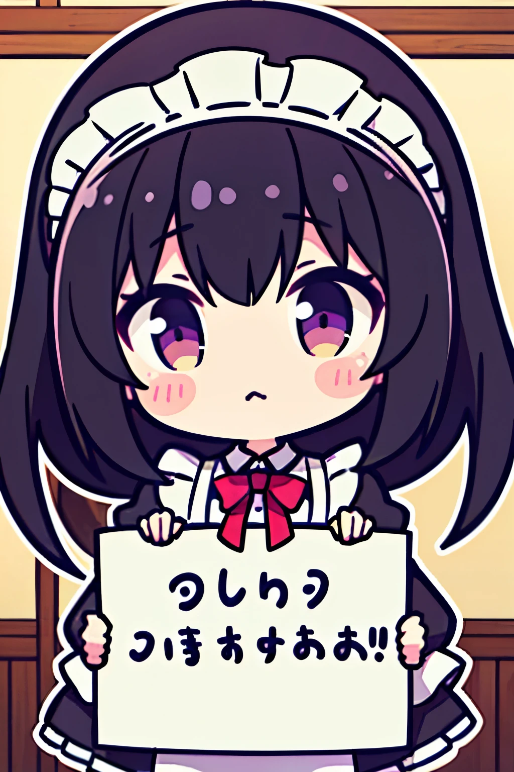 Best Quality, High Resolution, woman holding a large blank poster in front of her , anime girl , Maid uniform, around 20 yo, streaming, hires, Very sweet