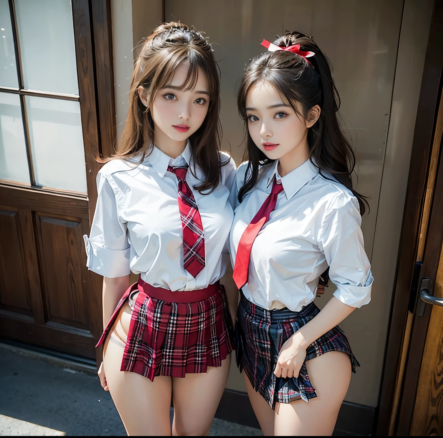 top-quality, 8K picture quality, ​masterpiece, A hyper-realistic, (Two girls side by side:1.2), Perfect body and firm big breasts, Bright whitening skin, A skin-tight white stretch blouse with a deep red ribbon tie., Micro mini pleated tartan check skirt, (the skirt is incredibly short), (Stick out your butt and show off your beautiful butt:1.3), (above the knee while standing), thin-waist, , (Both of them are proud of their beautiful butts), Skirtliftv1