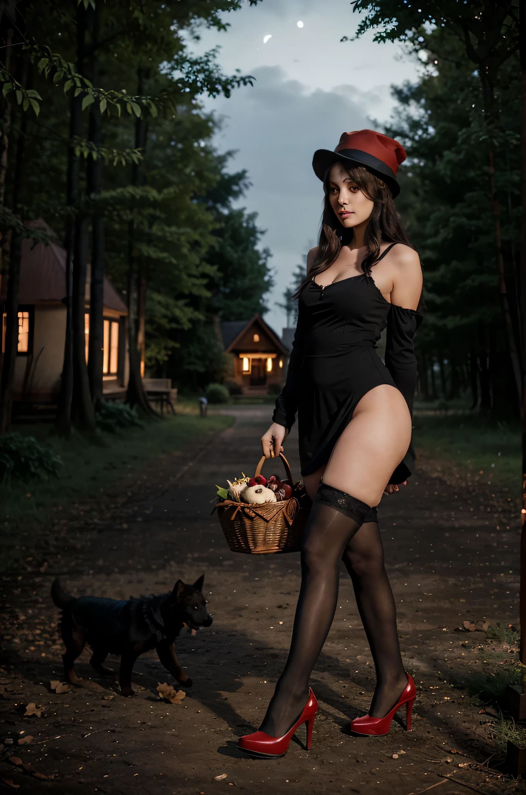 A wolf dog and a woman of normal build in a black short dress, Stockings, wearing high-heeled shoes and a red hat, walking with a basket of pies in the dark through the night forest., in the background there is a dark wooden house