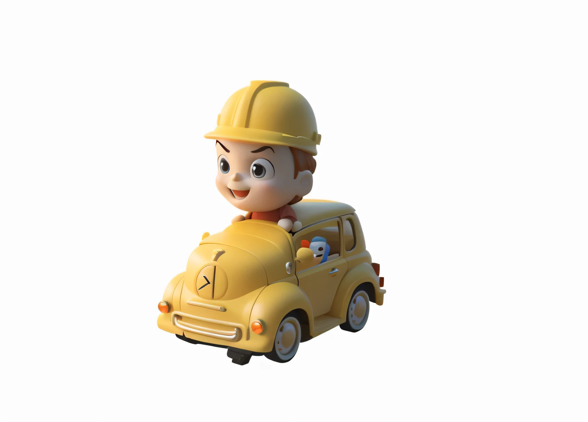 There once was a car,There is a construction worker on the roof of the car,Everyone in the car laughed,Animated characters, toy advertising photos, member sam, plastic toy, Driving a small toy car, 3d character, 3D characters, Render key shots, member, Cute 3d rendering, promotional render