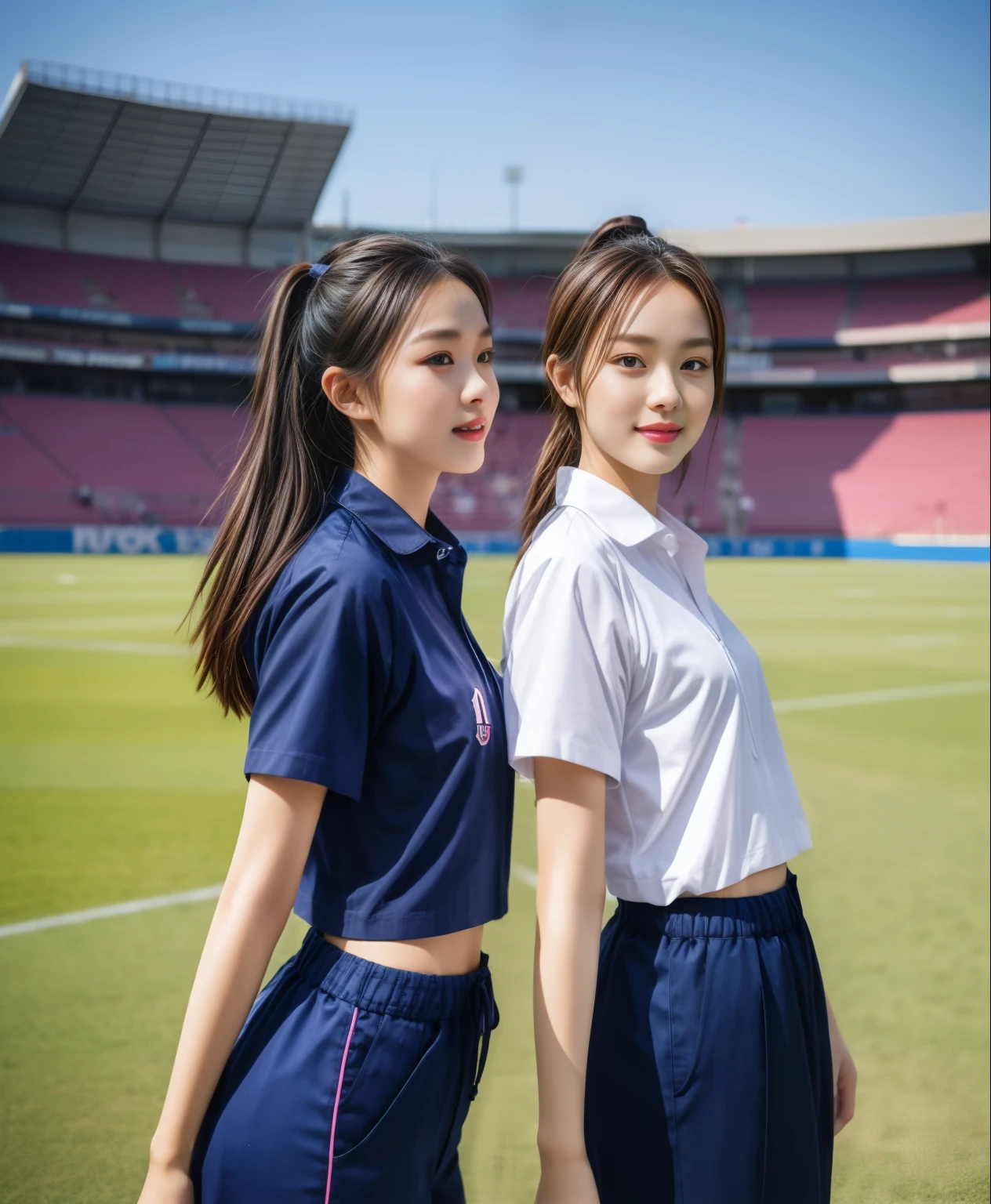 (bestquality,10,10,highres,masterpiece:1.2),ultra-detail,(Realistic,ภาพRealistic,photo-realistic:1.37),1 Cute girl in the football field,oily shiny skin,bara,light smile,BDclothelue shirt:1.3)),short sleeves,shirt, trousers.,(navy_long_ติดตามtrousers:1.1), ((Stadium Background:1.3)),dynamic angle,excited,face focus,Dynamic Poses,from behide,Ass Focus,masterpiece, bestquality, ultra realistic, hyper-detail, 8k resolution, RAW photo, crisp focus, ((Navy blue shirt:1.1)), short sleeves, เส้นทางlong, Complete bodyแบบ, 2 mature women, 18yo, cinematic light,trousersวอร์มสีน้ําเงิน,Gymware,Correct anatomy,Complete body, Correct body, sharp face, Correct bodyทางกายวิภาค, full entire body, Realistic gestures, long-haired, Realistic poses,Wear long shorts.............................................,ช่วงขาlong,Shapely,Sculpting Girl, Slender Figure, mannequin mannequins, Shapely, Beautiful body,trousersวอร์มสีน้ําเงิน, Two girls kissing