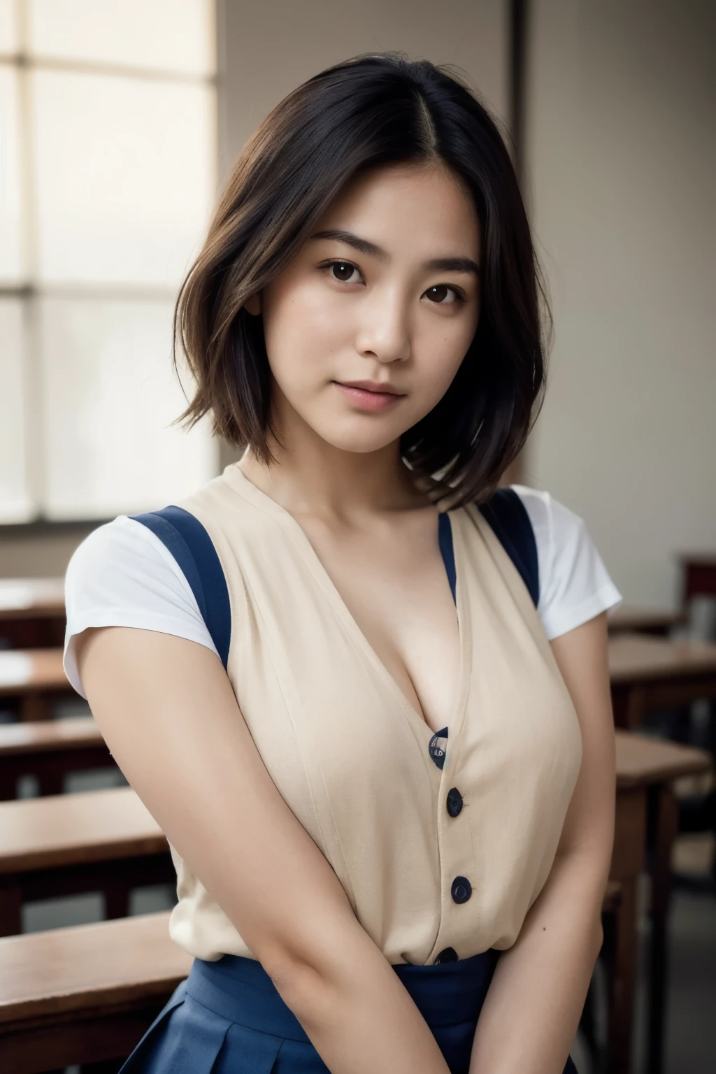 bestquality, face focus, Soft light, ultra-high resolution, (photorealistic portrait:1.4), RAW photo, 1 Japan girl, bara, kawaii, (smiling shyly:0.5), (Brown eyes, Fire in the eyes), Beautiful face details, (small boobs),(High-resolution details of human surfaces), (Short bob hair), romper, in a classroom,Navy school uniform, vest, skirts