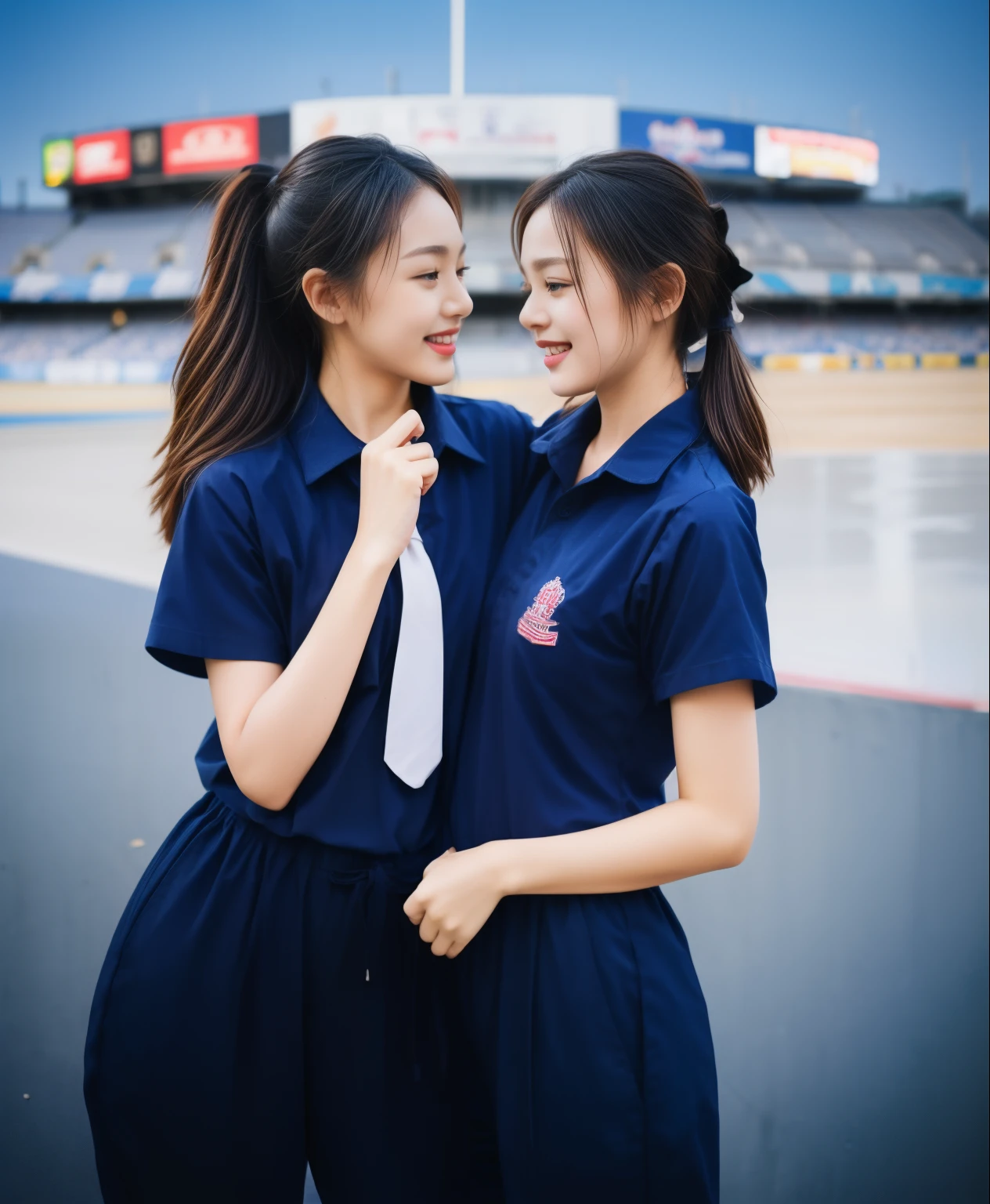 (bestquality,10,10,highres,masterpiece:1.2),ultra-detail,(Realistic,ภาพRealistic,photo-realistic:1.37),1 Cute girl in the football field,oily shiny skin,bara,light smile,BDclothelue shirt:1.3)),short sleeves,shirt, trousers.,(navy_long_ติดตามtrousers:1.1), ((Stadium Background:1.3)),dynamic angle,excited,face focus,Dynamic Poses,from behide,Ass Focus,masterpiece, bestquality, ultra realistic, hyper-detail, 8k resolution, RAW photo, crisp focus, ((Navy blue shirt:1.1)), short sleeves, เส้นทางlong, Complete bodyแบบ, 2 mature women, 18yo, cinematic light,trousersวอร์มสีน้ําเงิน,Gymware,Correct anatomy,Complete body, Correct body, sharp face, Correct bodyทางกายวิภาค, full entire body, Realistic gestures, long-haired, Realistic poses,Wear long shorts...........................................,ช่วงขาlong,Shapely,Sculpting Girl, Slender Figure, mannequin mannequins, Shapely, Beautiful body,trousersวอร์มสีน้ําเงิน, Two girls kissing