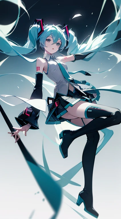 faces (((miku hatsune))) small tits A slender (cool) hiquality (笑faces) arm dynamic Shoulder out Full body painting the feet neck tie a miniskirt thigh high boots Soft colors、Pale shades glowing (A picture like Rella)