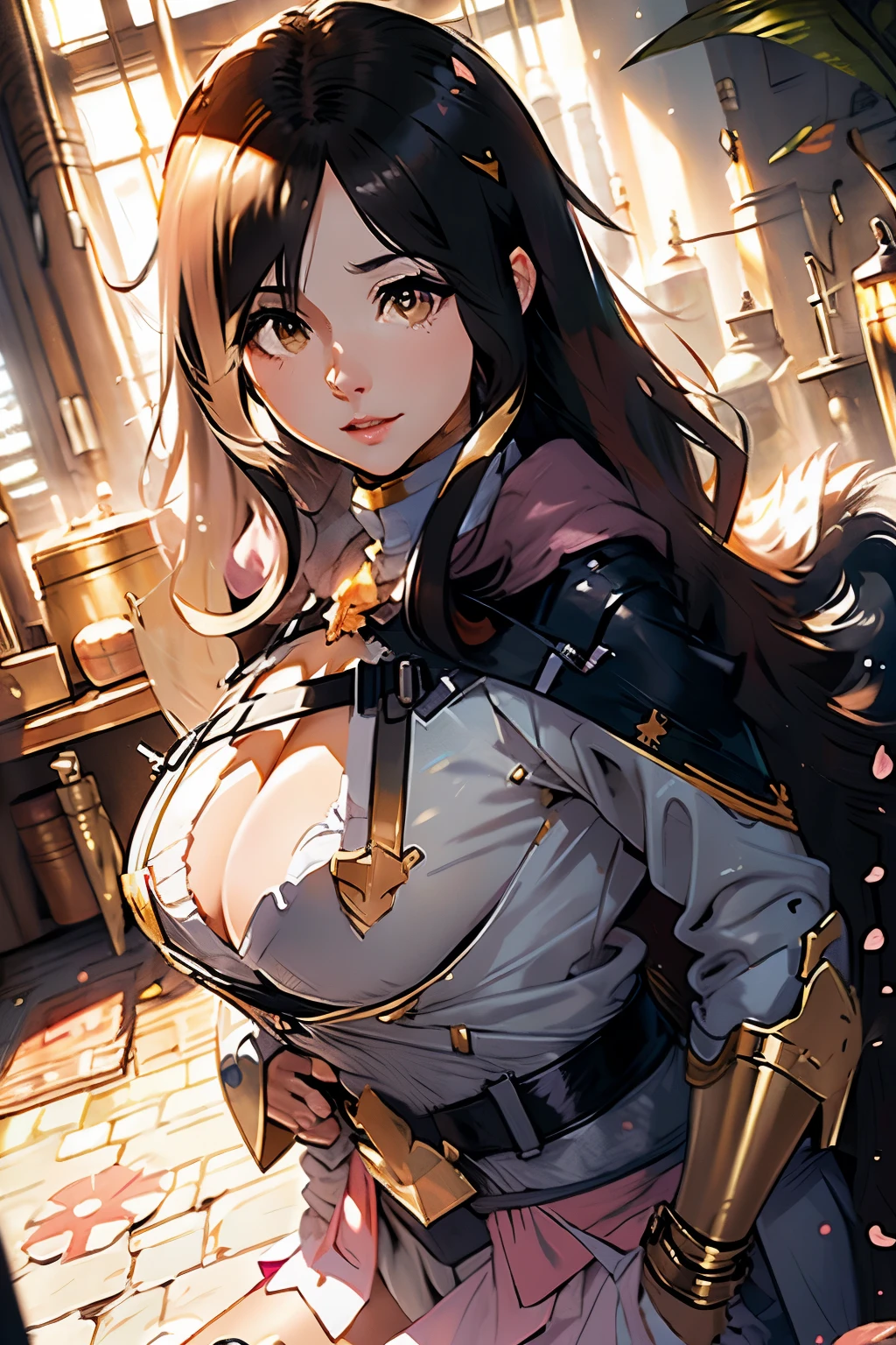 best quality, best resolution, masterpiece, Super detailed, pretty, black hair, long hair, golden eyes, pink lips, indoors, In the room, Sunlight, bright light, shameful expression, big breasts, big butt, big ass, flowing hair, Lying in bed, whole body, Front view,