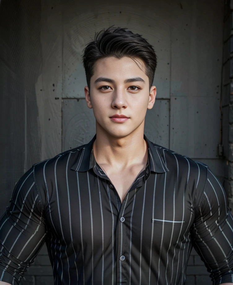 1 handsome young man, jungkook, muscular young male, big pectoralis, shiny white skin, chubby cheeks, round face,
detailed face, , big eyes, bigger eyes, black eyes, short black hair, eye reflection,
outdoors, street, shop, sunlight, soft side light, masterpiece, best quality, extremely detailed, intricate,