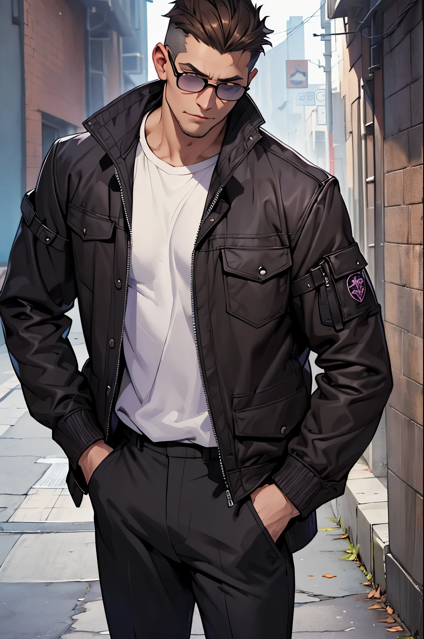 Dark Fantasy, black pants, brown hair, purple jacket, brunet, in full height, Athletic man, In the shade, Odin, (macabre:1,4), Gloomy face, person, (gray skin:1,5), Slim guy, Short Hair Hair, Odin, wearing black glasses.