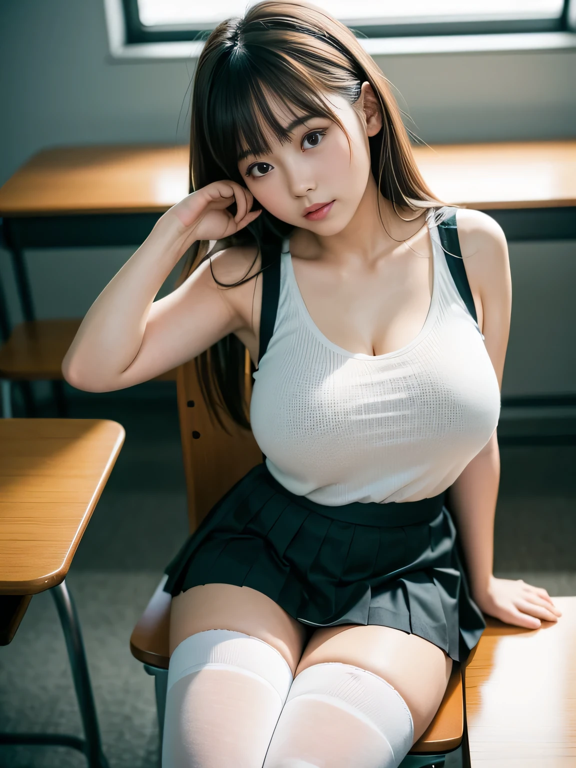 (((Huge breasts :1.3, and droopy breasts:1.4))), 8k, RAW photo, ((15 years old, very cute schoolgirl)), (Indonesian girl school uniform), (wearing Indonesia school uniform), (a hyperrealistic schoolgirl), (dressed as schoolgirl, hyperrealistic schoolgirl), realistic schoolgirl, a schoolgirl posing, full body, nice skin, glowing skin, nice thighs, glowing thigh, glowing legs, ((in a crowded class room)) (converse shoes with long socks until below of knees), perfect body, wet body: 1.3, tanned skin, standing, stand up