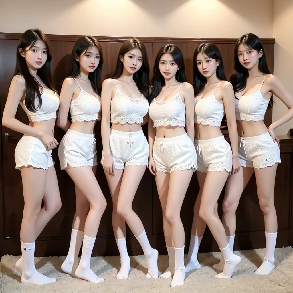 Deluxe Room,Group of girls posing,It's a perfect face,,big chest and thin waist,humongous large breast,Obedient sisters stand in a row,Below are lace shorts,Wear white socks,Detail rug,Unlimited favor,Can't refuse