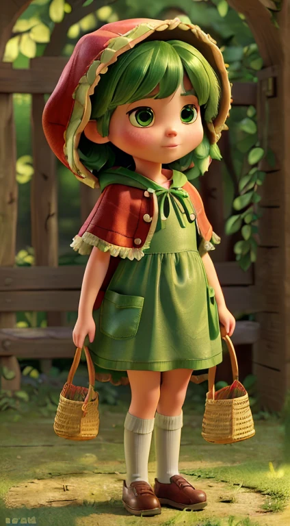 (best quality,4k,highres,masterpiece:1.2),ultra-detailed,(realistic,photorealistic:1.37),girl,dressed as Little Red Riding Hood but in green,(green dress,green cloak),short hair,(short bob,chin-length hair),holding a Pixar-style wicker basket,hands